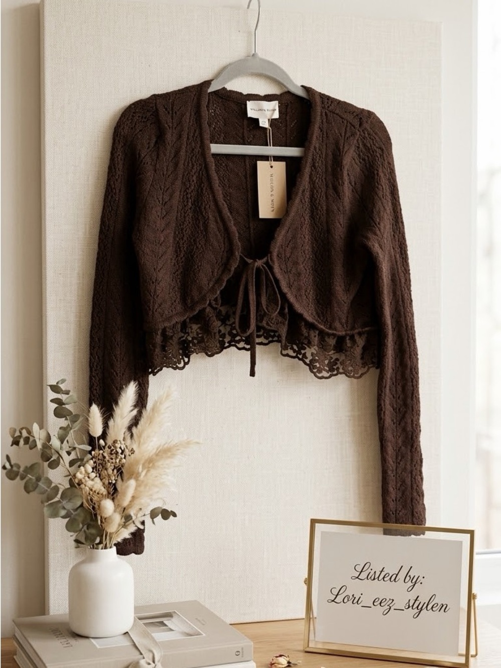 Lace-Trim Cropped Knit Bolero Cardigan - Chocolate Brown